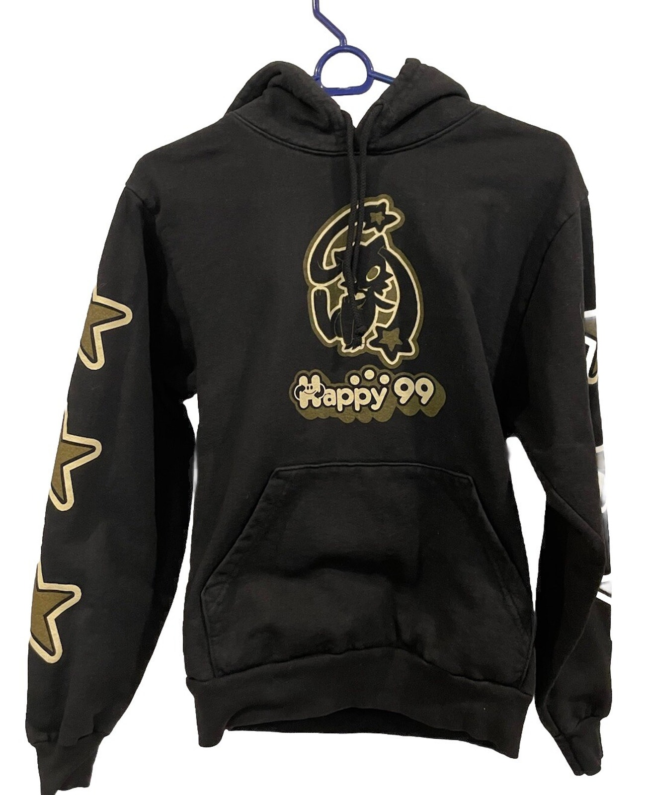 Happy99 Puff Print Black & Beige Graphic Hoodie Sz X-Small -Excellent Condition